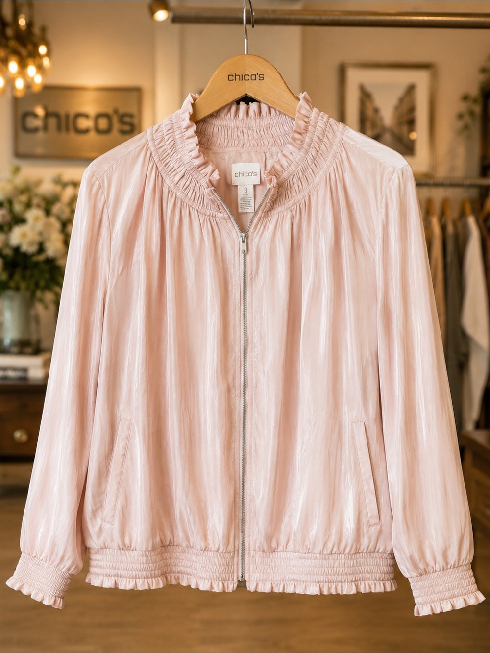 Chico’s Blush Pink Satin Bomber Jacket Ruched Ruffle Zip Front Size 3